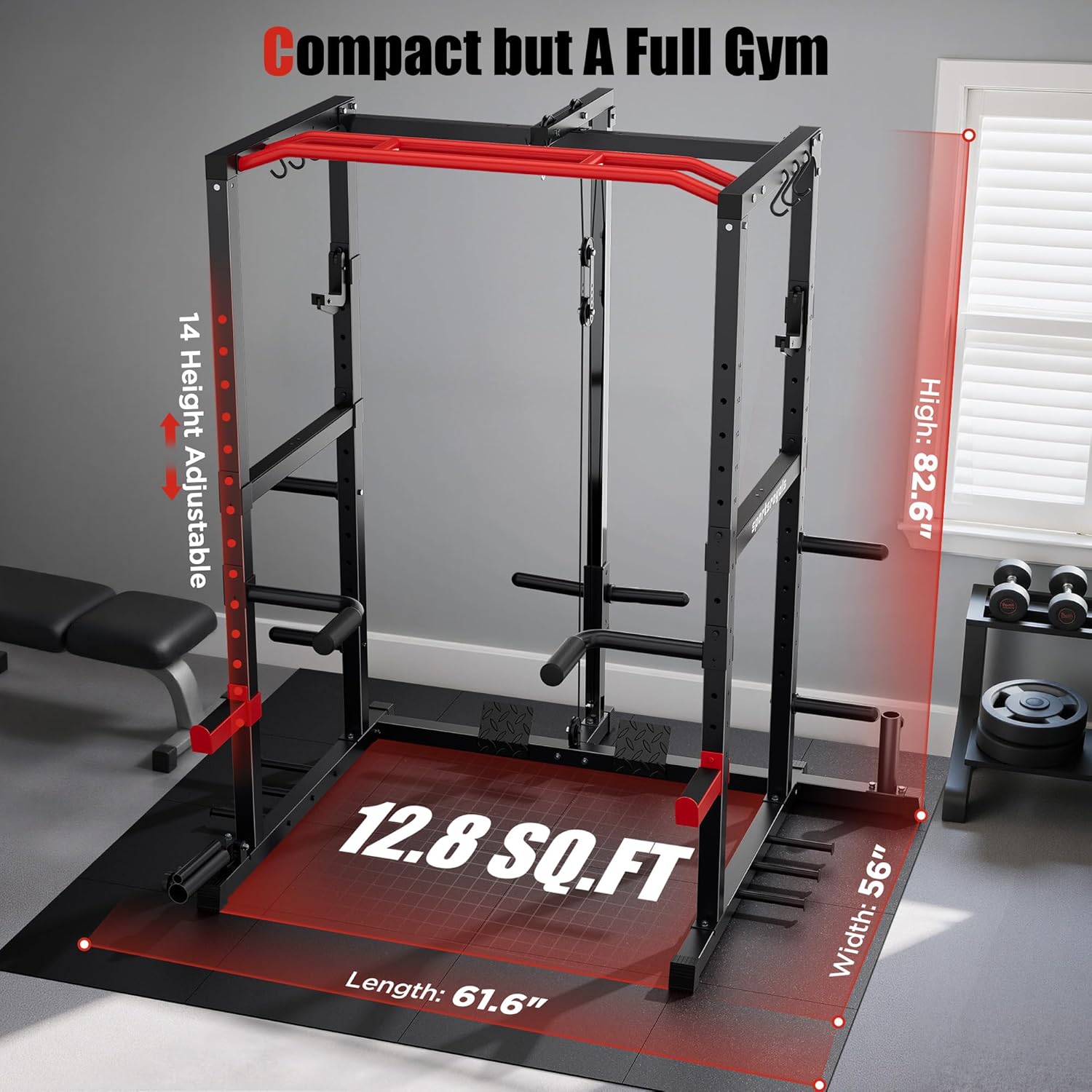 SPORTSROYALS Power Rack - Multi-Functional Squat Cage with Pulley System & LAT Pull Down for Home Gym