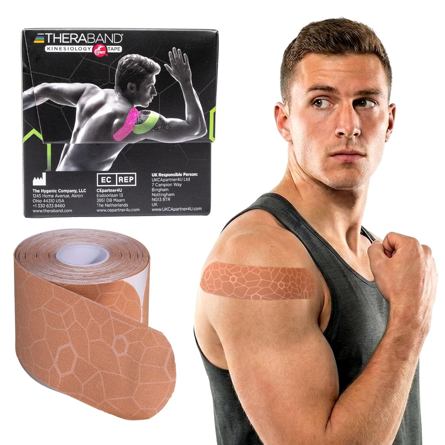 TheraBand Kinesiology Tape - Long-Lasting Athletic Support with XactStretch Indicators | Beige, 1 Roll, Latex-Free & Water Resistant