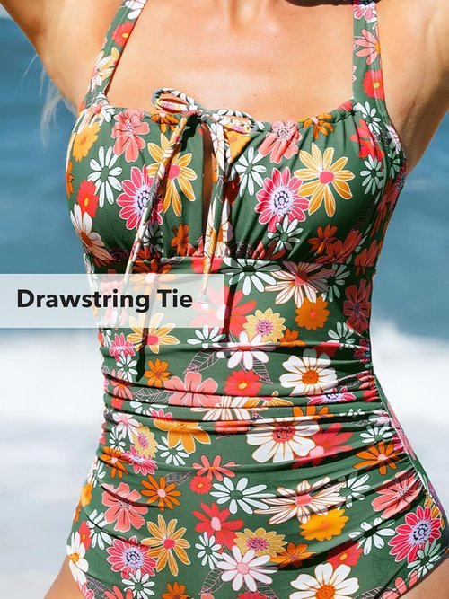 CUPSHE Women's One Piece Swimsuit Bathing Suit Square Neck Back Cut Out Drawstring Self Tie Back Hook