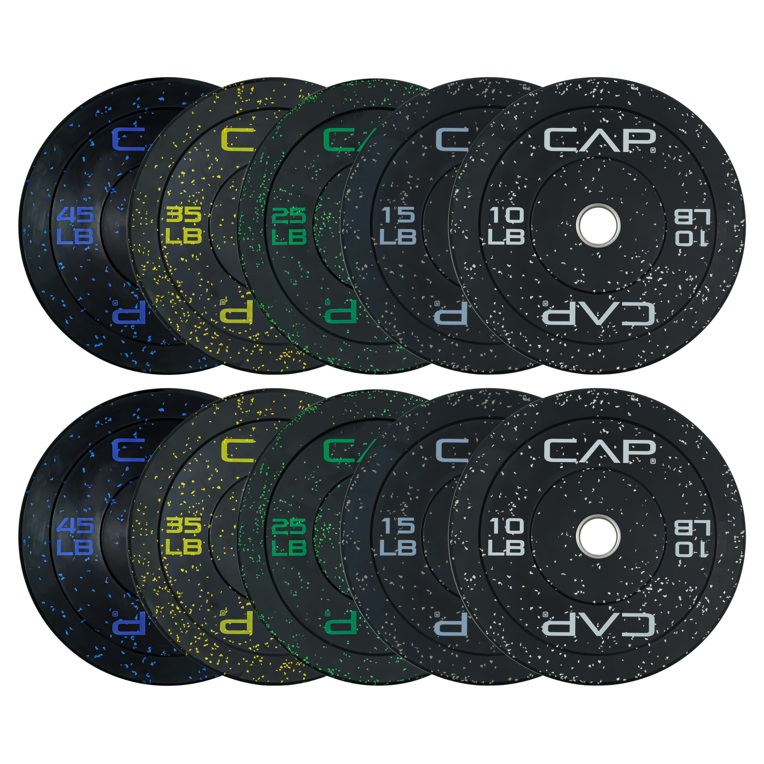 CAP 260 lb Economy Speckled Olympic Bumper Plate Set 2-Inch Olympic Plates, Medium Bounce Rubber Weight Plates with Steel Hub for Weightlifting, Strength Training & Home Gym Workouts