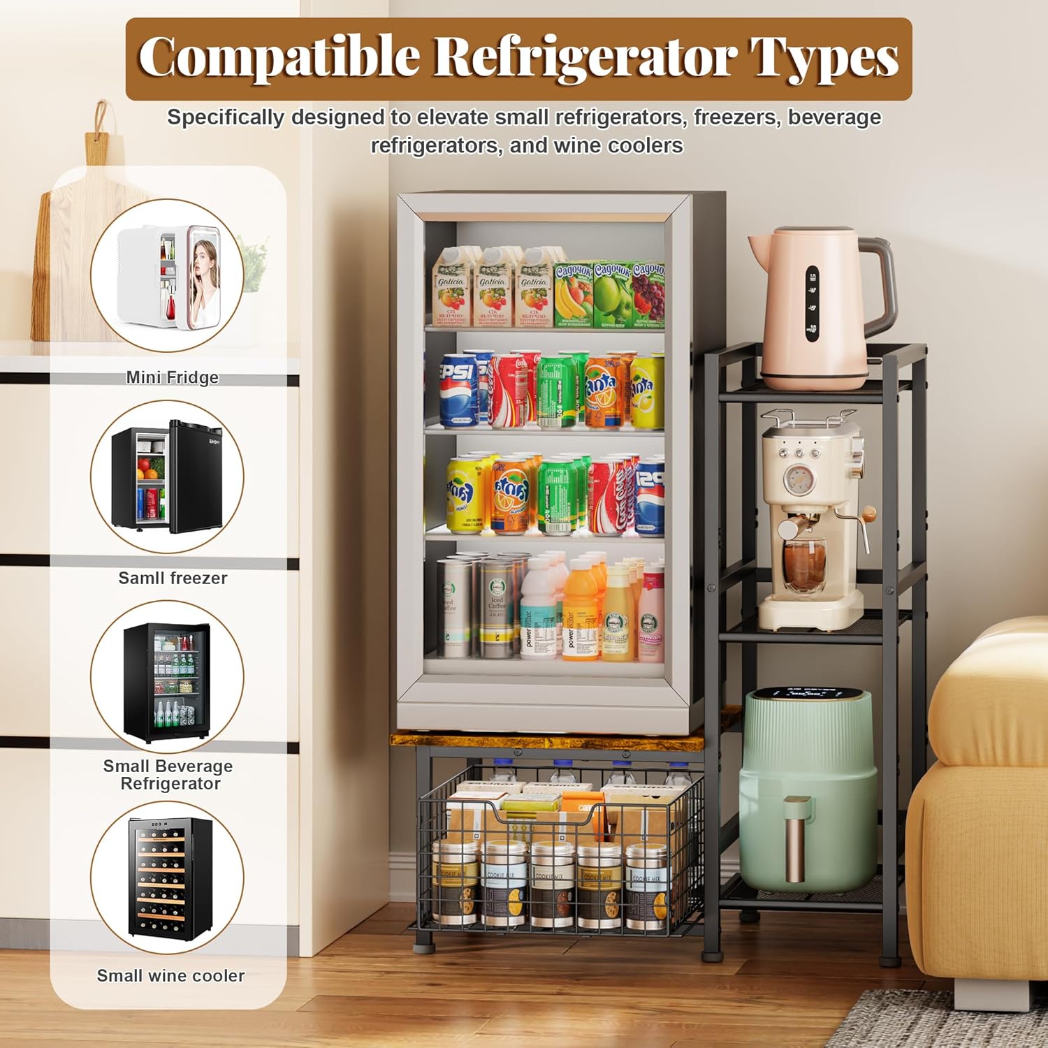 Yuyetuyo Mini Fridge Stand - Stylish Coffee Bar & Wine Cabinet Storage for Dorm, Apartment, Office