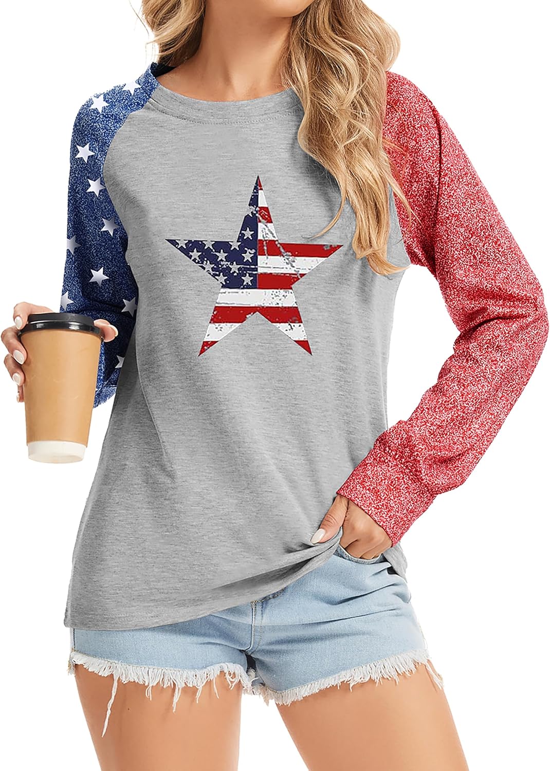 TSMNZMU Women's Star Print Colorblock Shirt - Long Sleeve American Flag Blouse for 4th of July Celebrations