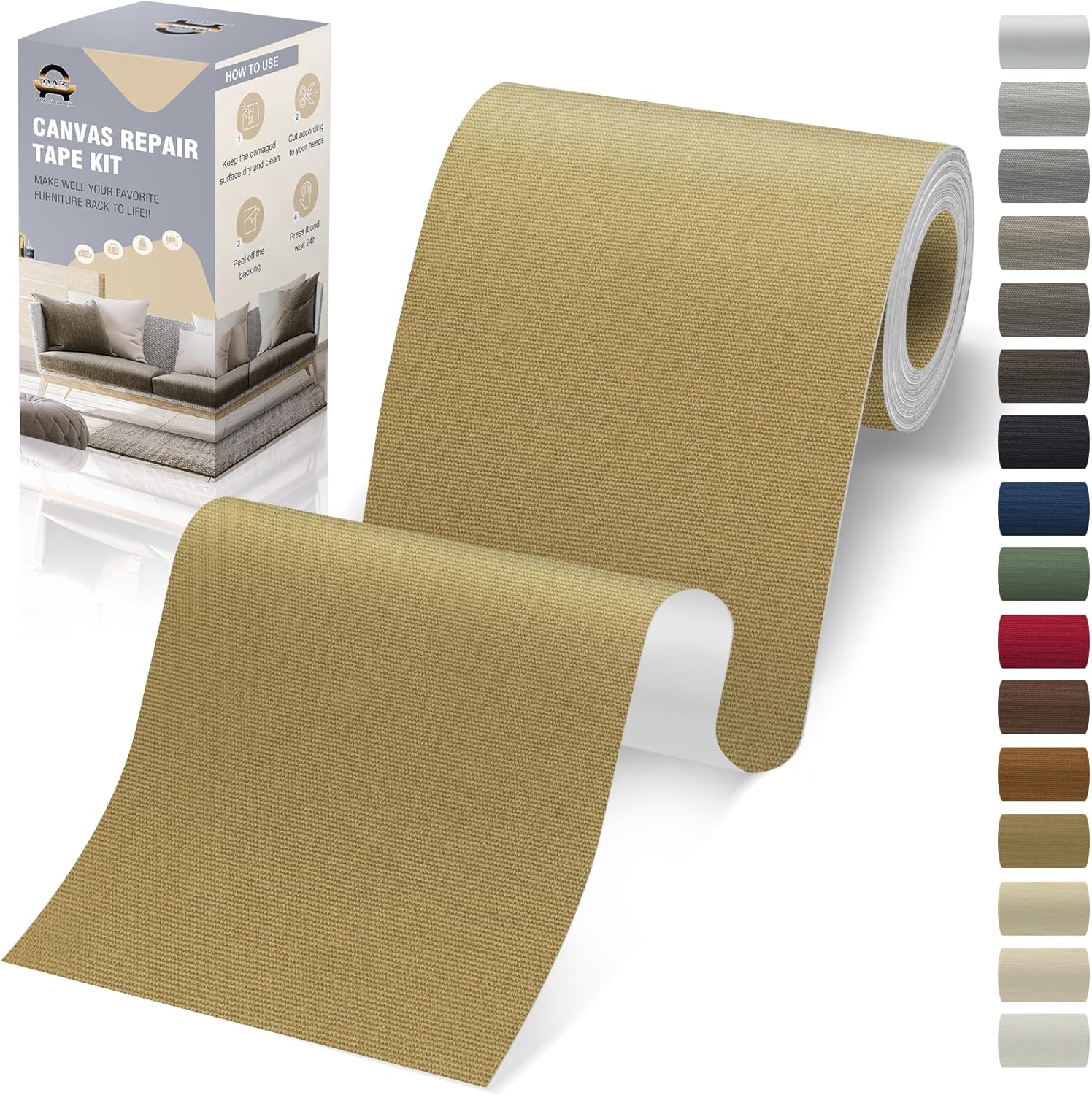 OAZ Canvas Repair Patches - Waterproof Self-Adhesive Fabric Tape for Outdoor Gear | 4 x 79 Inch (Khaki)