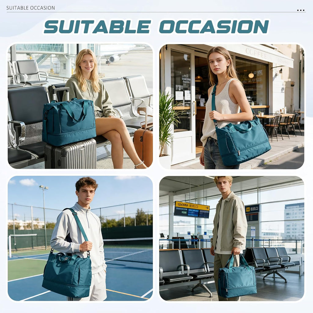 Skiennix Travel Duffel Bag - Waterproof Weekender with Shoe Compartment & Trolley Sleeve | Peacock Blue