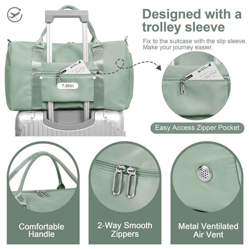 FIORETTO Womens Gym Tote Duffle Bag with Wet Pocket & Shoe Compartment, Sports Duffel Overnight Weekender Hospital Workout Carry on Bag for Girls, Ideal for Travel, Swimming, Dance, Ballet Celadon