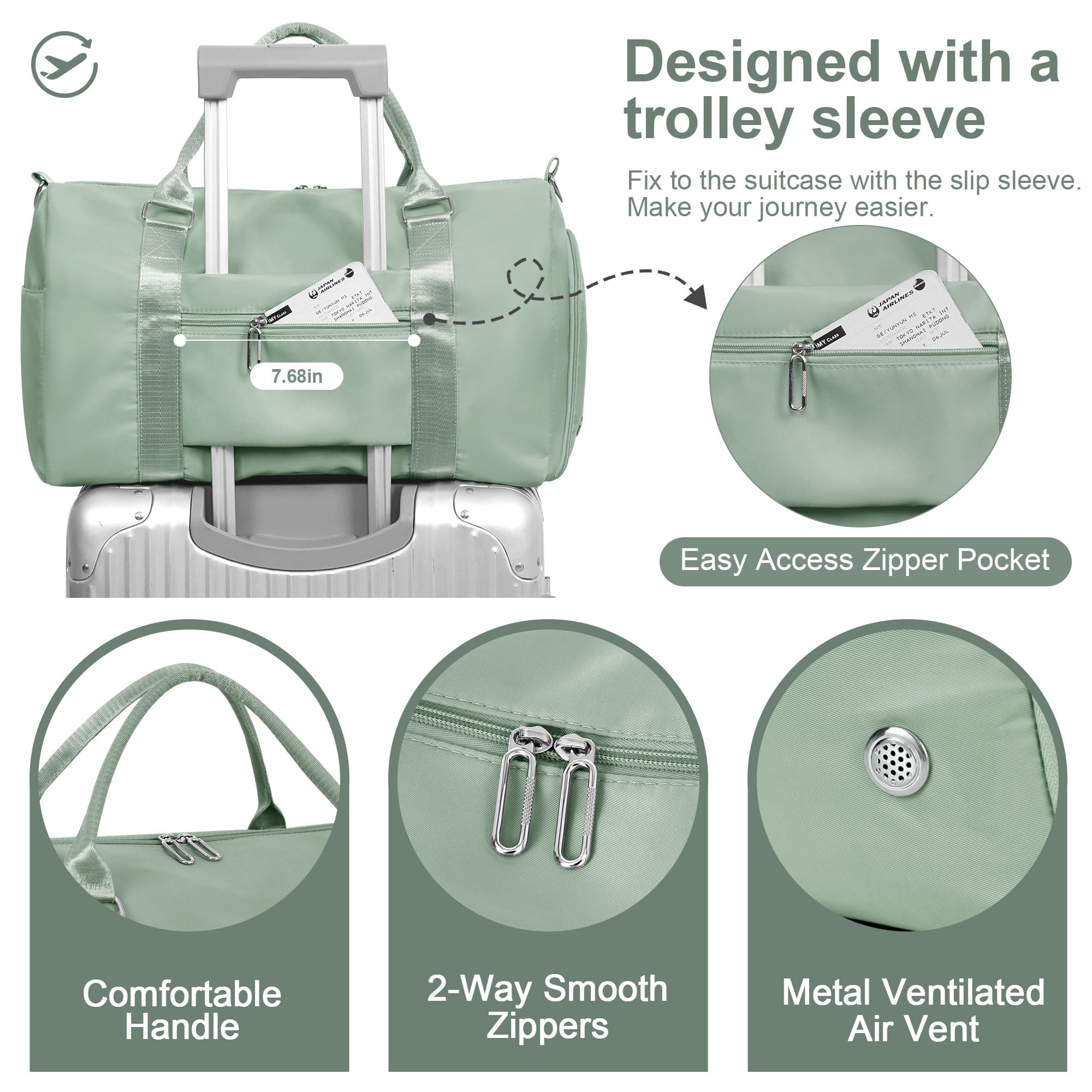 FIORETTO Womens Gym Tote Duffle Bag with Wet Pocket & Shoe Compartment, Sports Duffel Overnight Weekender Hospital Workout Carry on Bag for Girls, Ideal for Travel, Swimming, Dance, Ballet Celadon