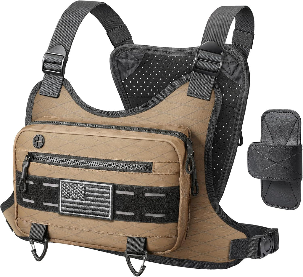 Skiennix Outdoor Sport Chest Rig - Versatile Running Vest Bag with Phone Holder | Brown for Cycling & Hiking