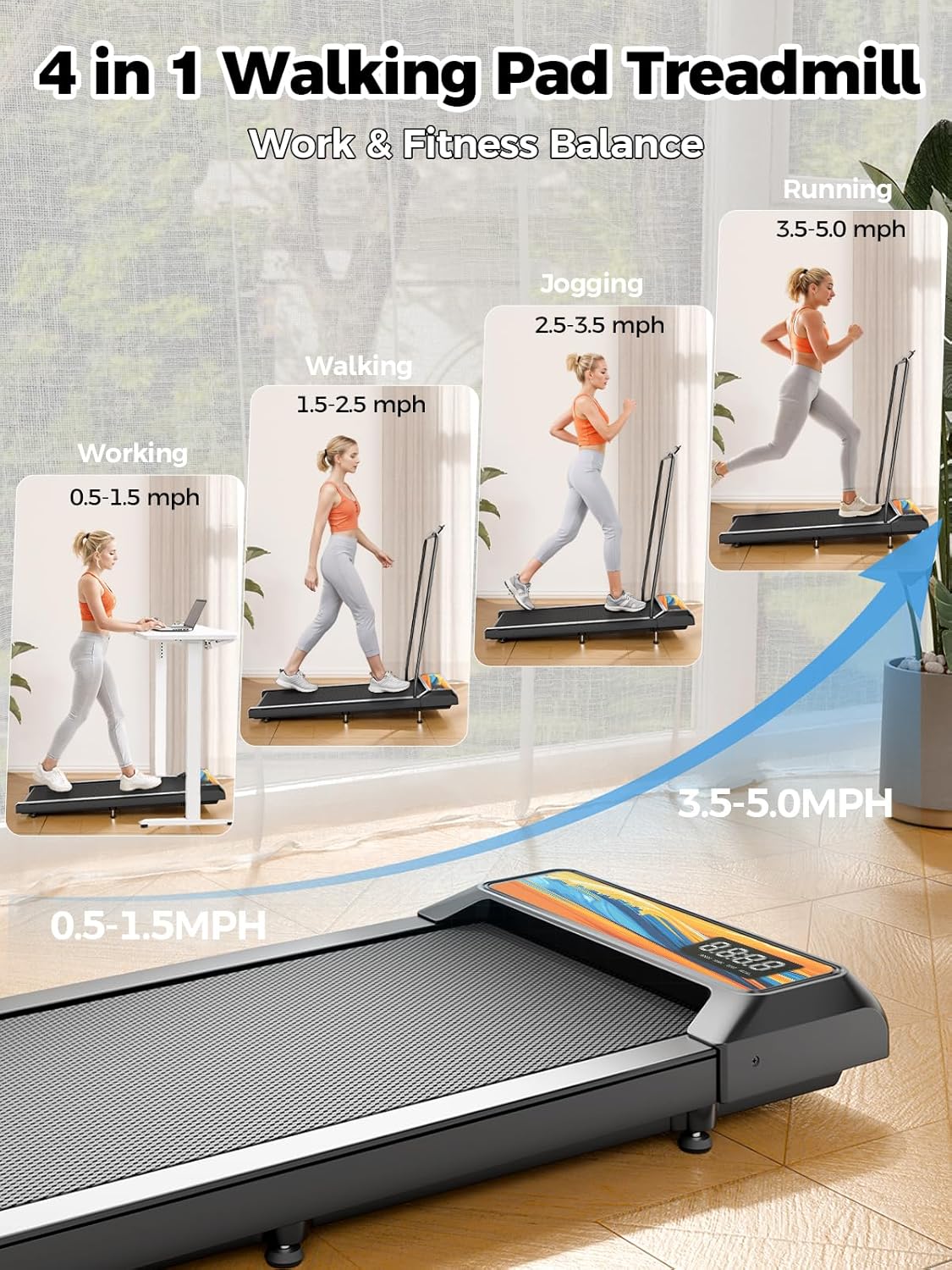 Skiennix Walking Pad Treadmill - Compact Design with 10% Incline for Home Fitness