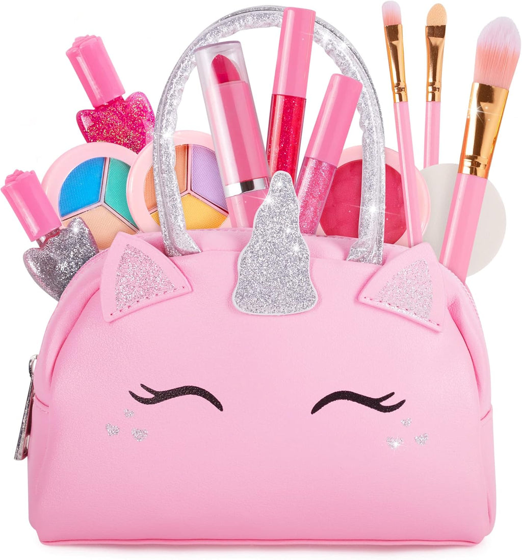 Skiennix Kids Real Makeup Kit - Non-Toxic Washable Set with Pink Unicorn Purse | Perfect for Ages 4-8