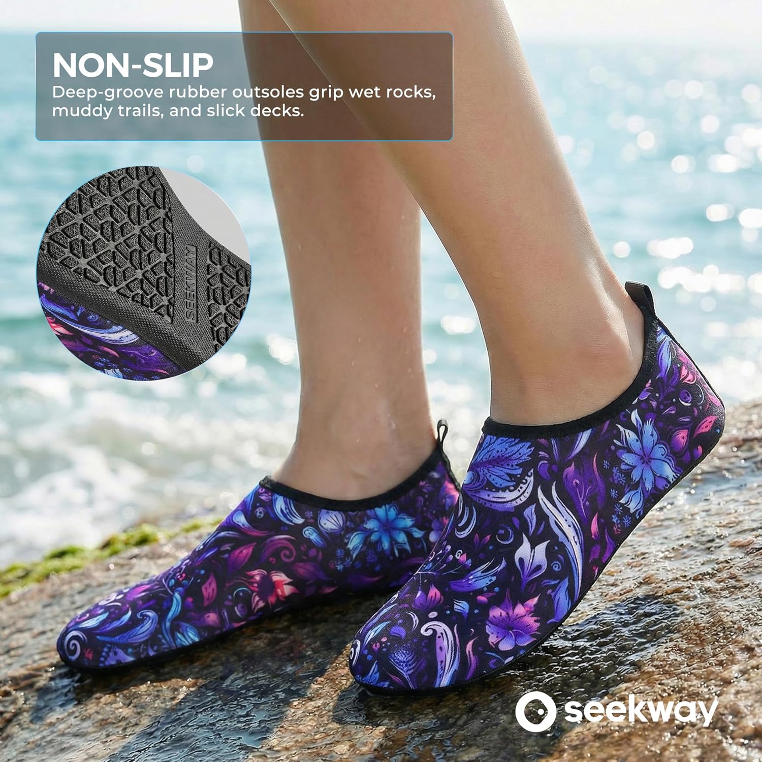 SEEKWAY Water Shoes - Quick-Dry Aqua Socks for Men & Women | Non-Slip Barefoot Design in Black