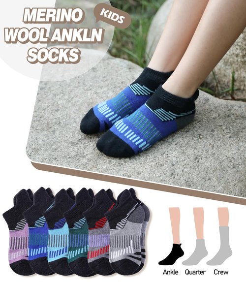 LANLEO Kids Merino Wool Ankle Hiking Athletic Running Socks Girls Boys Teens Winter Warm Thick No Show Socks 6 Pairs Black, 8-12 Year Old