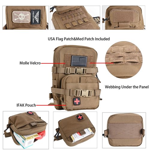 Tactical Mini Molle Hydration Pack,Molle Hydration Carrier with IFAK Pouch&US Flag&Med Patch,Hydropack for 2L Water Bladder (Coyote Brown)
