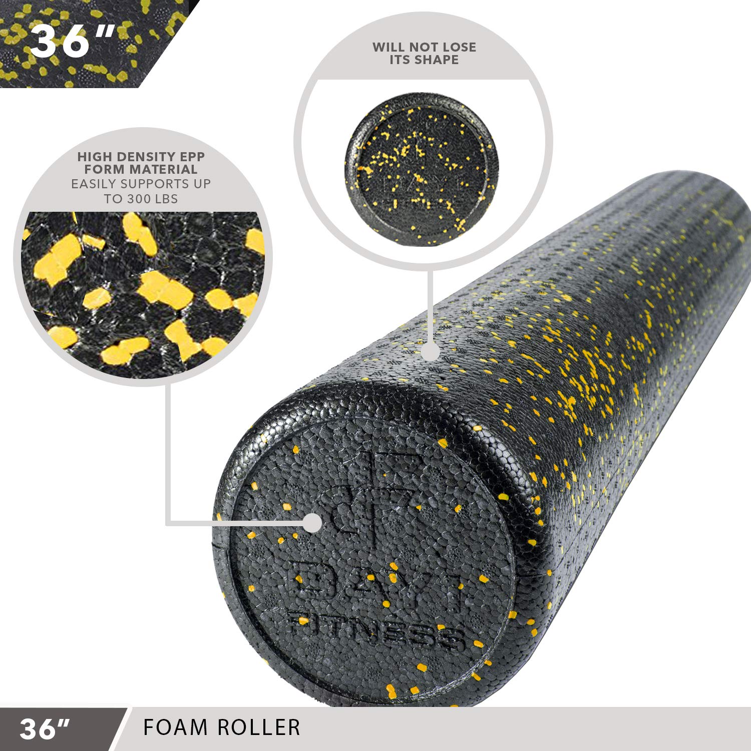 Day 1 Fitness High Density Muscle Foam Rollers - Sports Massage Rollers for Stretching, Physical Therapy, Deep Tissue, Myofascial Release - Ideal for Exercise and Pain Relief - Speckled Yellow, 36”