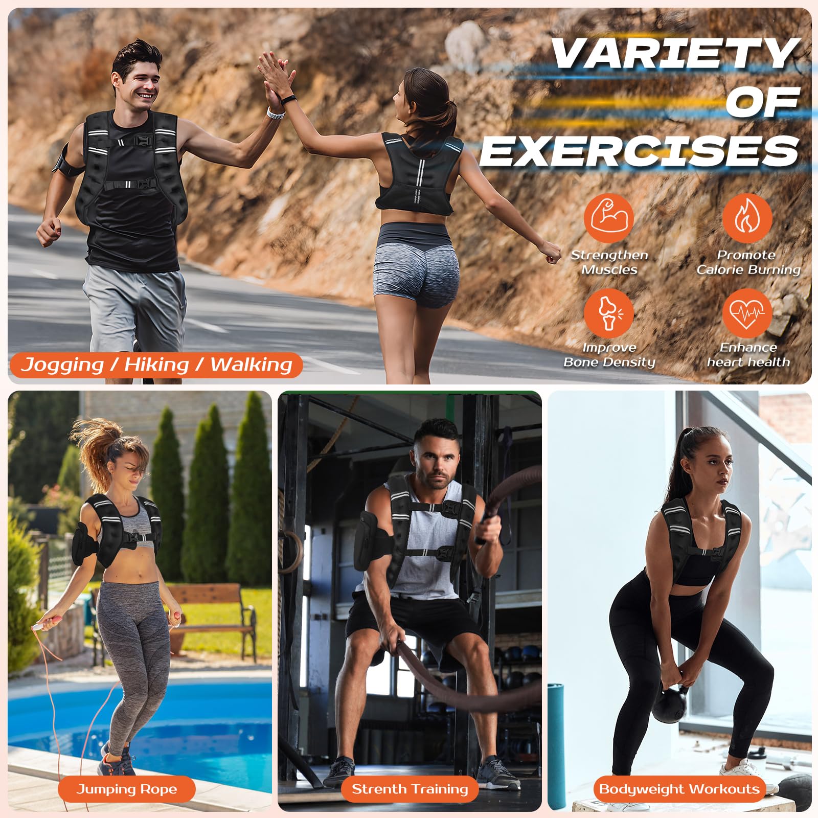 Weighted Vest for Women Men, 8lb/12lb/16lb/20lb Weighted Running Vest with Reflective Stripe, Detachable Phone Pouch for Workout, Walking, Strength Training, Weight Loss, Fitness, Jogging,12LB