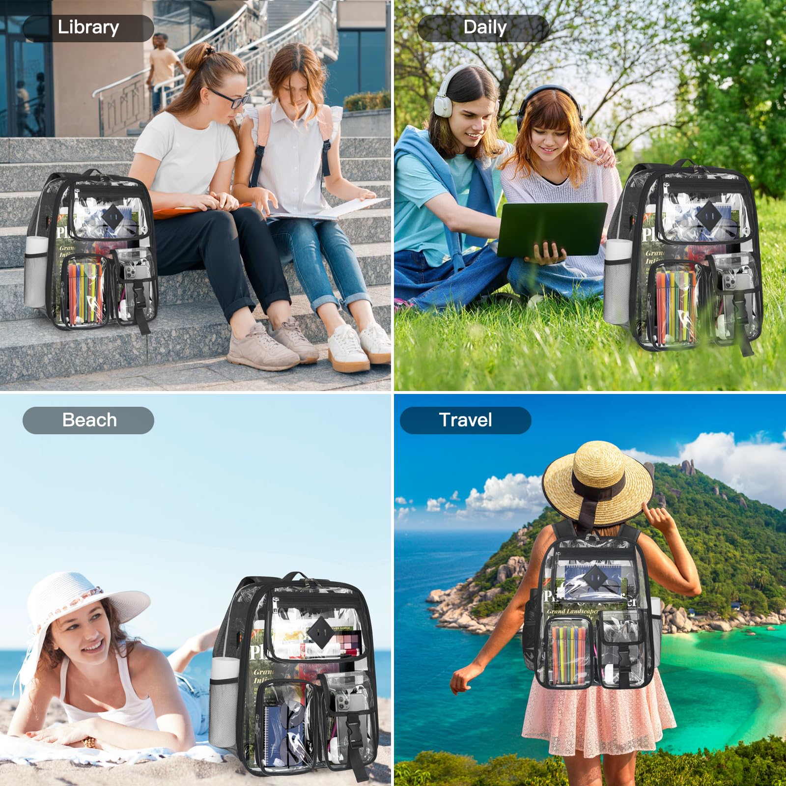 Clear Backpack Heavy Duty Large PVC Transparent See Through Backpacks Work Travel Stadium Approved Festival Backpack (Black)