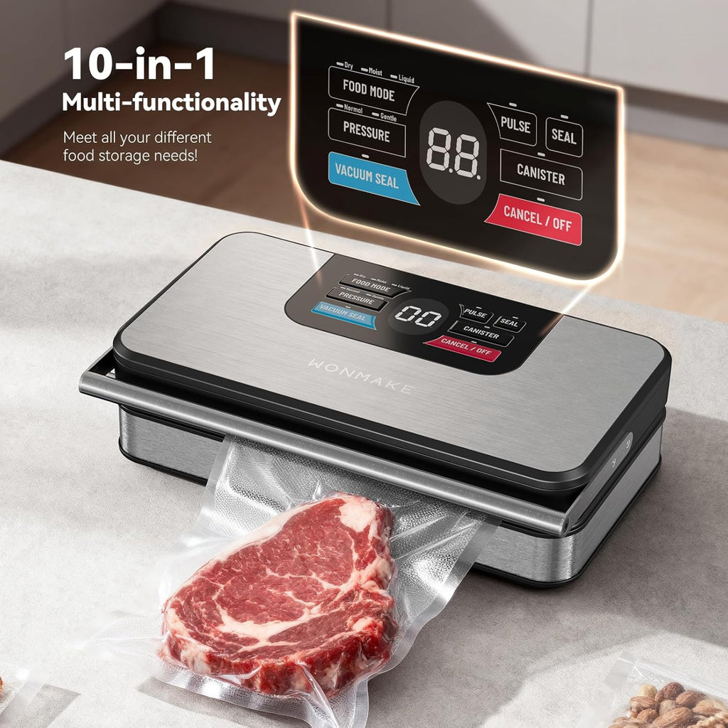 Skiennix Vacuum Sealer - Powerful 95kPa Fully Automatic 10-in-1 Food Sealer with Built-in Cutter & Roll Storage