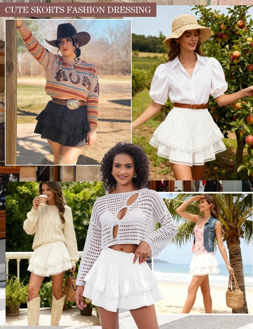 LOMON Flowy Skorts for Woman Casual Boho Ruffle Tiered Skorts High Waist Skort Mini Skirts Golf Tennis 2026 White