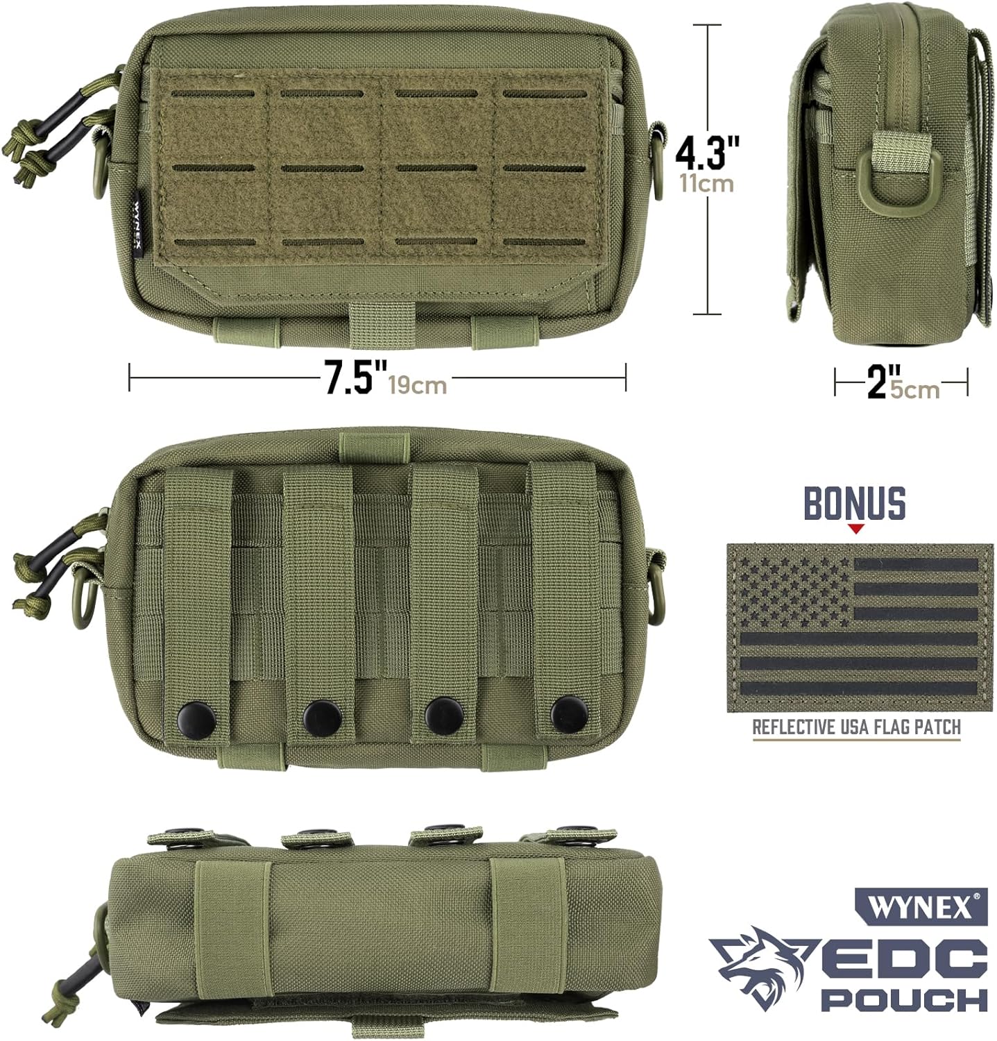WYNEX Tactical Molle Admin Pouch - Utility EDC Bag with Laser Cut Design & American Flag Patch