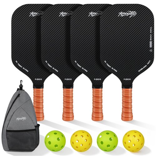 Amoswiz Pickleball Paddles Set of 4, 16MM Edgeless Pickle Ball Paddle with 4 Balls, Real 3K Carbon Surface for Spin & Control, Suit for Indoor & Outdoor Play