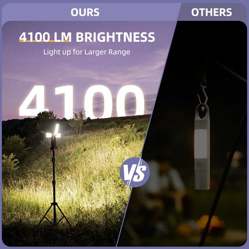 T-SUN Rechargeable Camping Light with Stand, 10400mAh LED Work Light 4100 Lumens with 4 LED Lamp Heads, Portable Work Light with Detachable Tripod 67" Max Height (Orange)