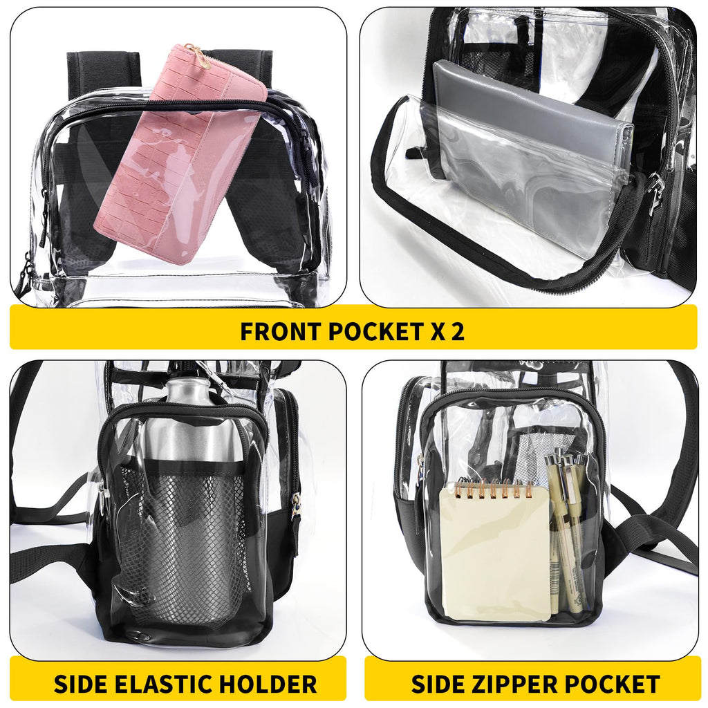 Vorspack Clear Backpack - Transparent Backpack with Reinforced Bottom & Multi-pockets for College Workplace Security - Black