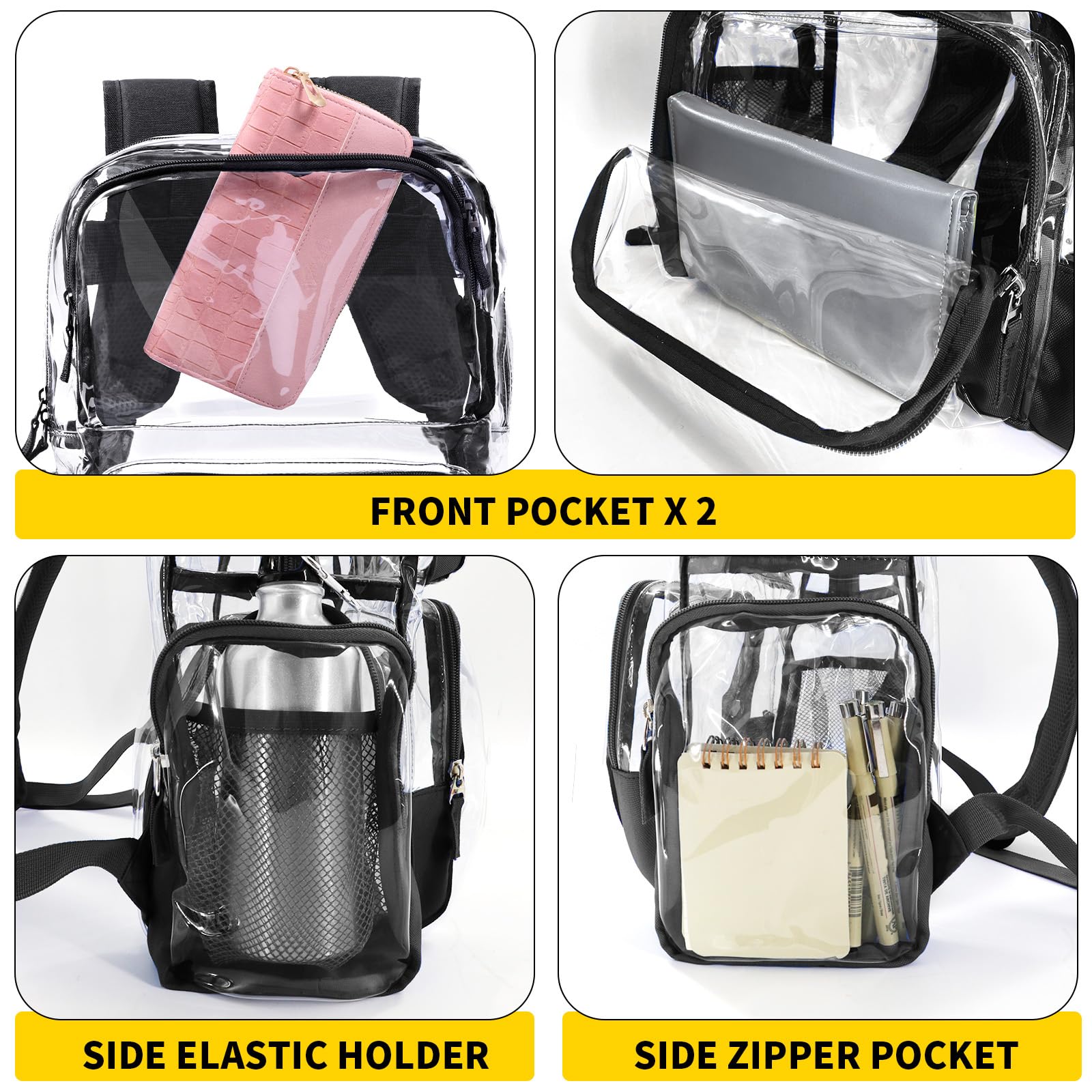 Vorspack Clear Backpack - Transparent Backpack with Reinforced Bottom & Multi-pockets for College Workplace Security - Black