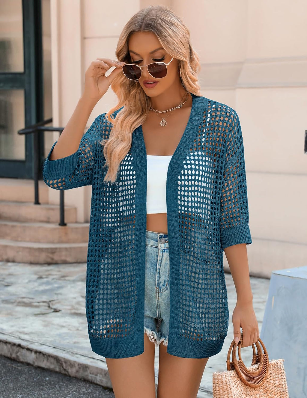 Zeagoo Women's Crochet Cardigan - Lightweight Boho Kimono Sweater Top | Short Sleeve, Oversized Design