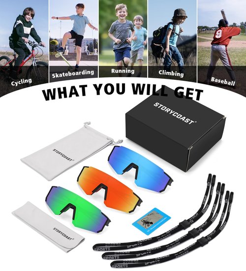 3 Pack Polarized Youth Baseball Sunglasses for Boys Girls Age 6-12 Sports Softball Cycling for Kids UV Protection 3Pack-Black Blue+Black Red+Black Green