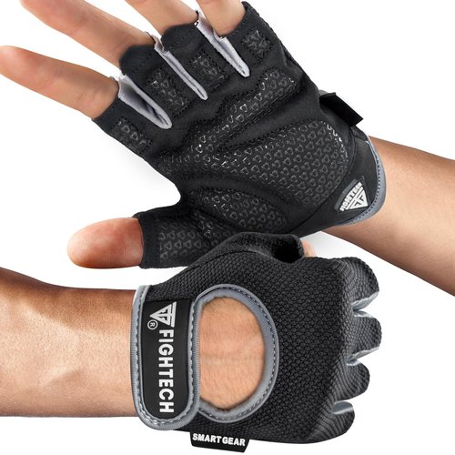 FIGHTECH Workout Gloves for Men and Women | Fingerless Weight Lifting Gym Gloves (Large, Black/Gray)