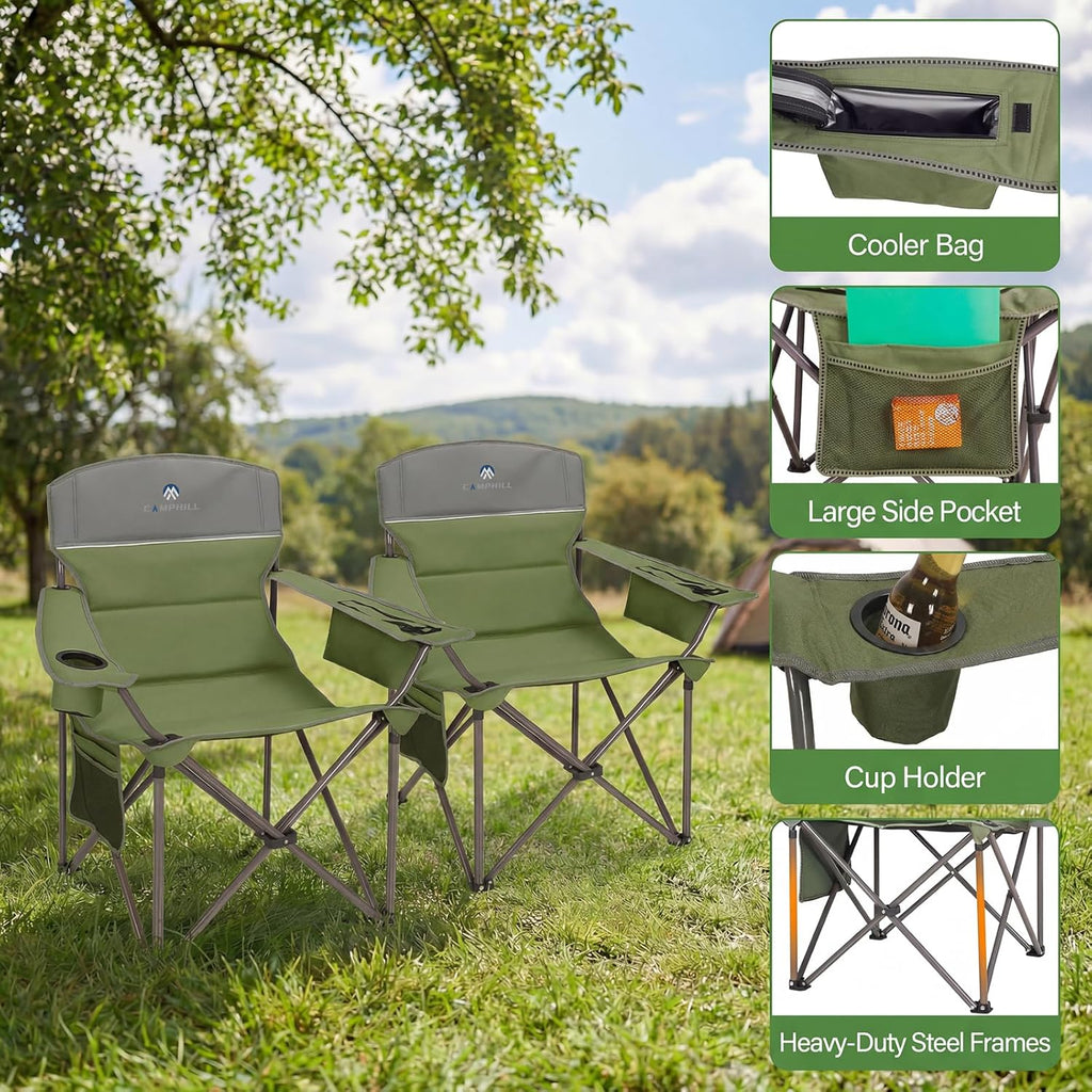 Skiennix Oversized Camping Chairs - Heavy Duty 400LBS Padded Lawn Chair with Cooler Bag & Cup Holder | Olive Green