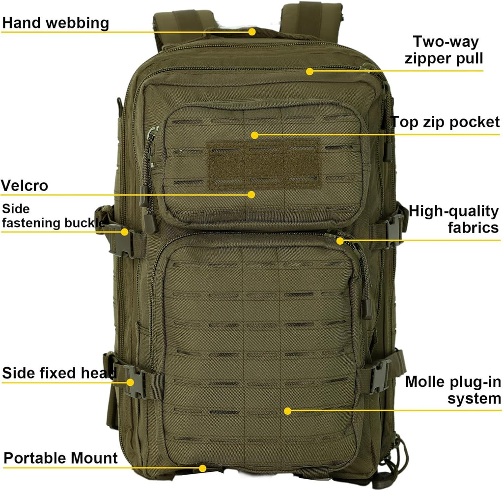 Skiennix 40L Tactical Military Backpack - Durable Assault Pack for Hiking & Trekking (Green)