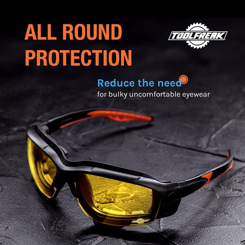 ToolFreak Spoggles Safety Glasses HD Yellow Polycarbonate Lens, Impact Protection, Foam Padded, ANSI Z87 Rated, Head Strap and Carry Pouch