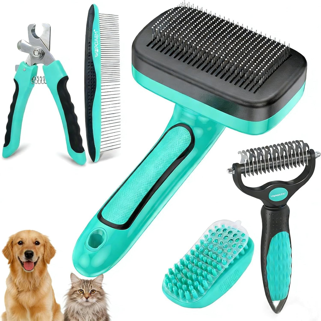 Skiennix 5-Piece Pet Grooming Set - Self-Cleaning Slicker Brush, Rake, Bath Brush & Nail Clippers for Dogs and Cats