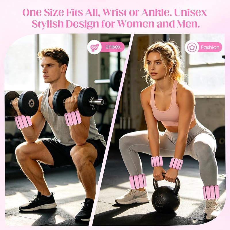 2lb Silicone Wrist & Ankle Weights - Removable Steel Blocks, Adjustable, Pink