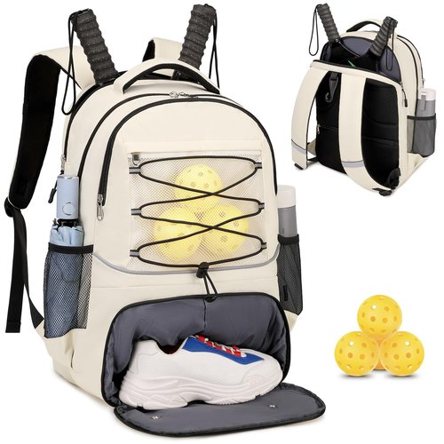 Bevalsa Pickleball Bag Backpack for Women Men Teens, Tennis Backpack Tennis Bag with Shoe Compartment, Multifunctional Sports Padel Racket Bag Badminton Backpack Fits 4 Rackets with Fence Hook (Beige)