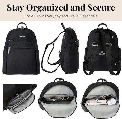 Baggallini Securtex® Anti-Theft Travel Backpack - Slash-Resistant Nylon Daypack with RFID | Black