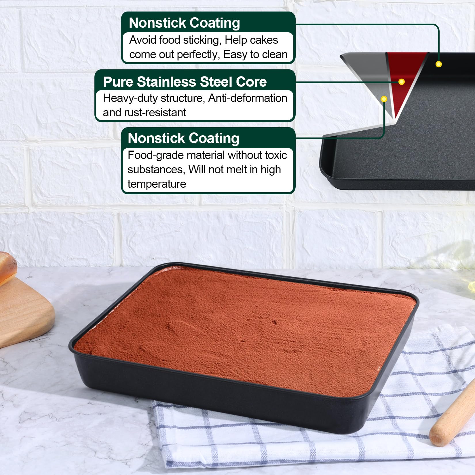 P&P CHEF Toaster Oven Pan with Lid, Nonstick Cake Lasagna Pan Rectangular Tray for Baking Roasting Storing, Stainless Steel Core & Plastic Cover, Oven & Freezer Safe, (9.4 Inch, 2Pcs)