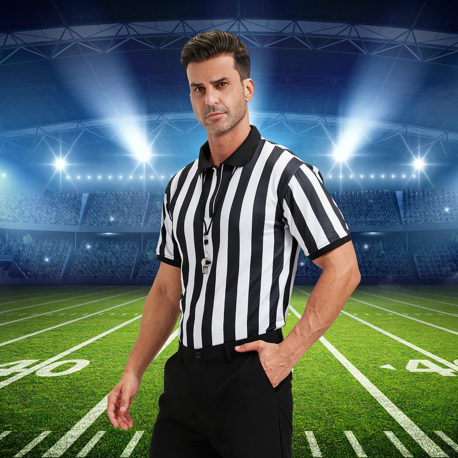 Men's Referee Costume Kit, Football Referee Shirt Umpire Jersey, Whistle, Penalty Flag for Soccer Sports & Cosplay Outfits