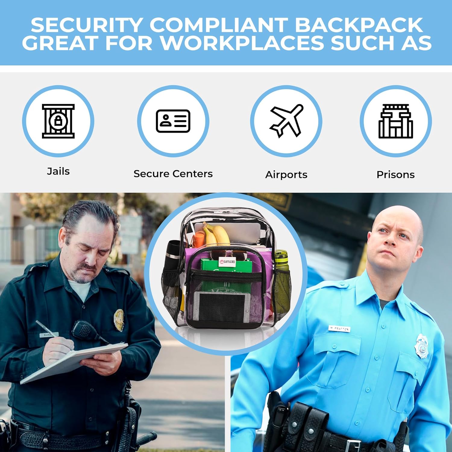 SHYLERO Clear Backpack - Heavy Duty PVC with TSA Lock & 2-Way Zipper | X-Large Black (18''x14''x8'')