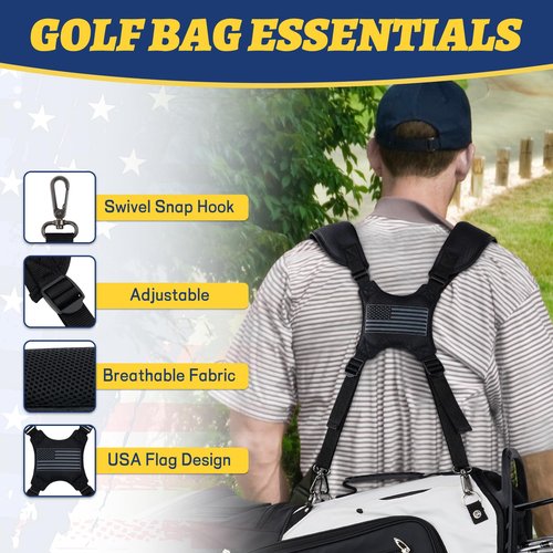 RVRAYS Golf Bag Straps Replacement Golf Adjustable Waterproof Golf Bag Backpack Straps Double Shoulder Golf Bag Carry Strap 4 Metal Swivel Hooks USA Flag