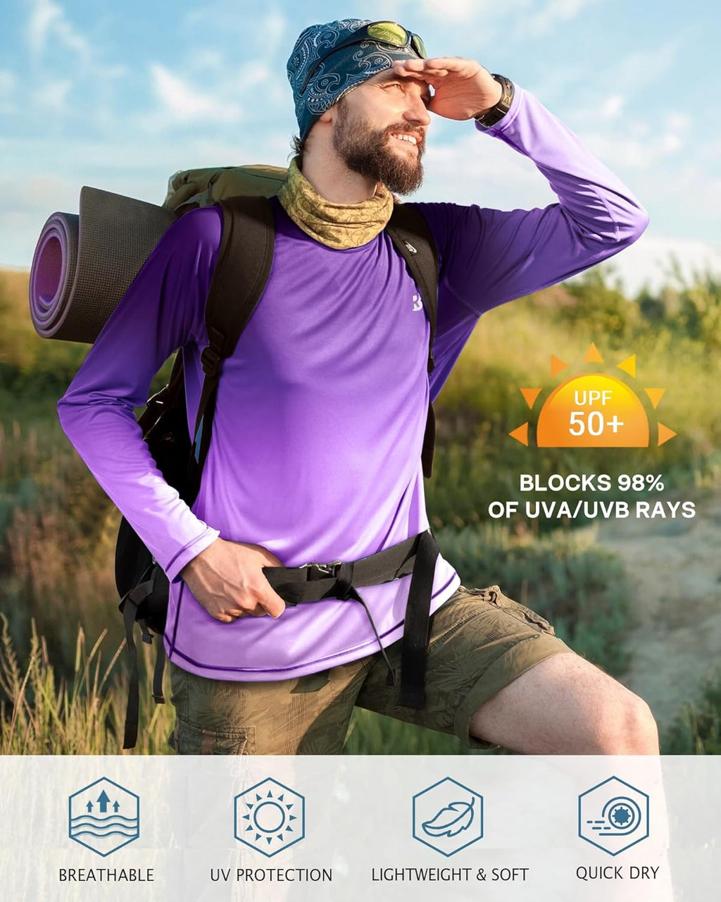 Roadbox Men's UV Sun Protection Shirt - UPF 50+ Long Sleeve Rash Guard for Fishing & Outdoor Activities