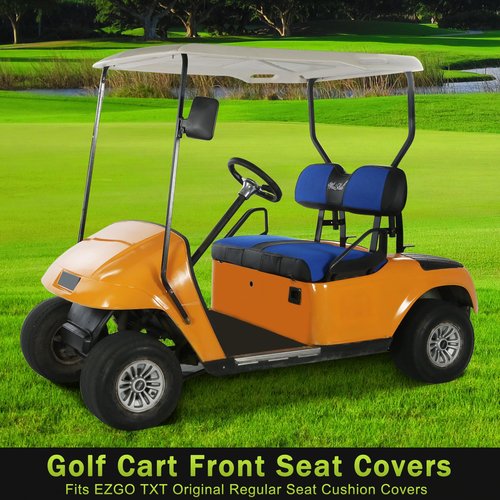 WEIMELL Golf Cart Seat Covers for EZGO TXT 1994-2013 Front Seat Covers Thicken Breathable Mesh with Vinyl Leather Fits OEM Ordinary Cushion Covers No Nail Gun Easy to Install Black & Blue