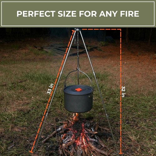 Tactiko Survival 33" Camping Tripod for Cooking - Stainless Steel Folding Stand, Adjustable Chain – Compact, Lightweight Outdoor Gear for Hanging Kettles, Pots & Percolators