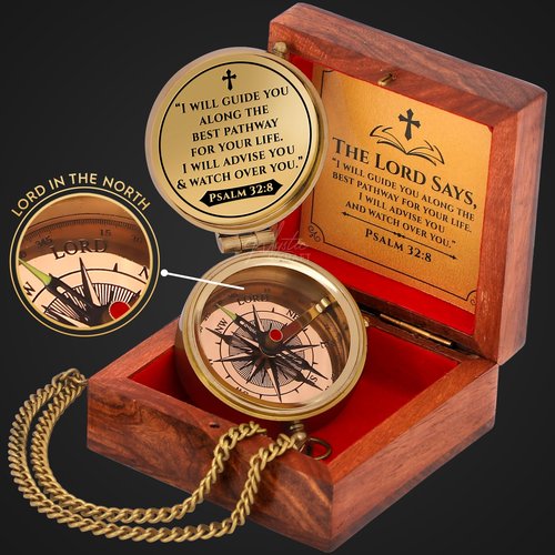 MYSTICKRAFT Engraved Brass Pocket Compass Gift - Psalm 32:8, First Communion Gifts, Baptism Gifts for Boys, Confirmation Gifts, Gifts for Men, Catholic Religious Christian Easter Gifts for Kids