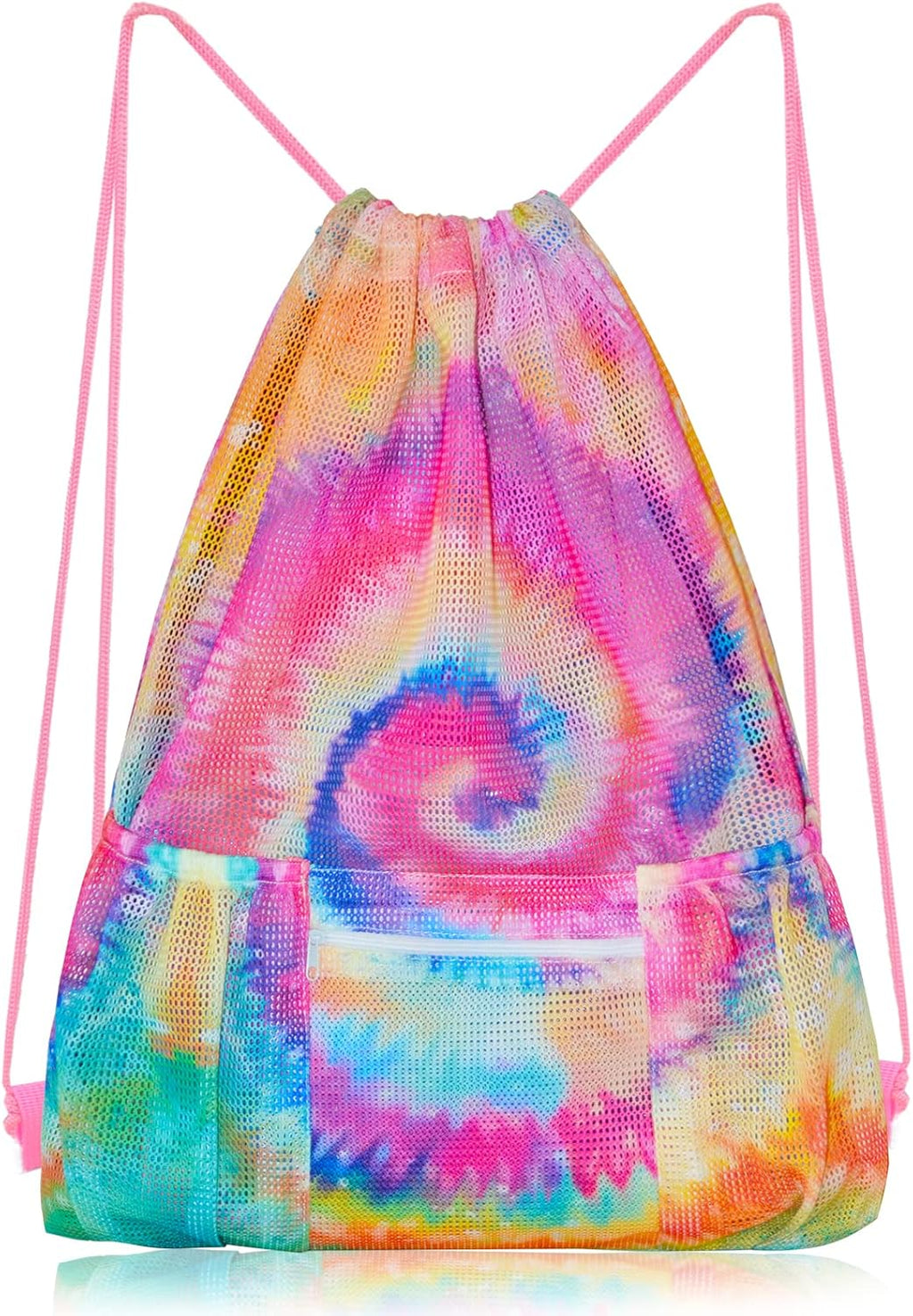 Skiennix Mesh Drawstring Bag - Versatile Beach & Gym Backpack with Zipper Pocket | Tie Dye Design