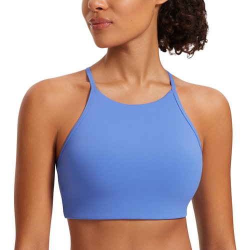 CRZ YOGA Butterluxe Womens High Neck Y Back Sports Bra - Padded Halter Racerback Spaghetti Thin Strap Workout Gym Top Wild Indigo Medium