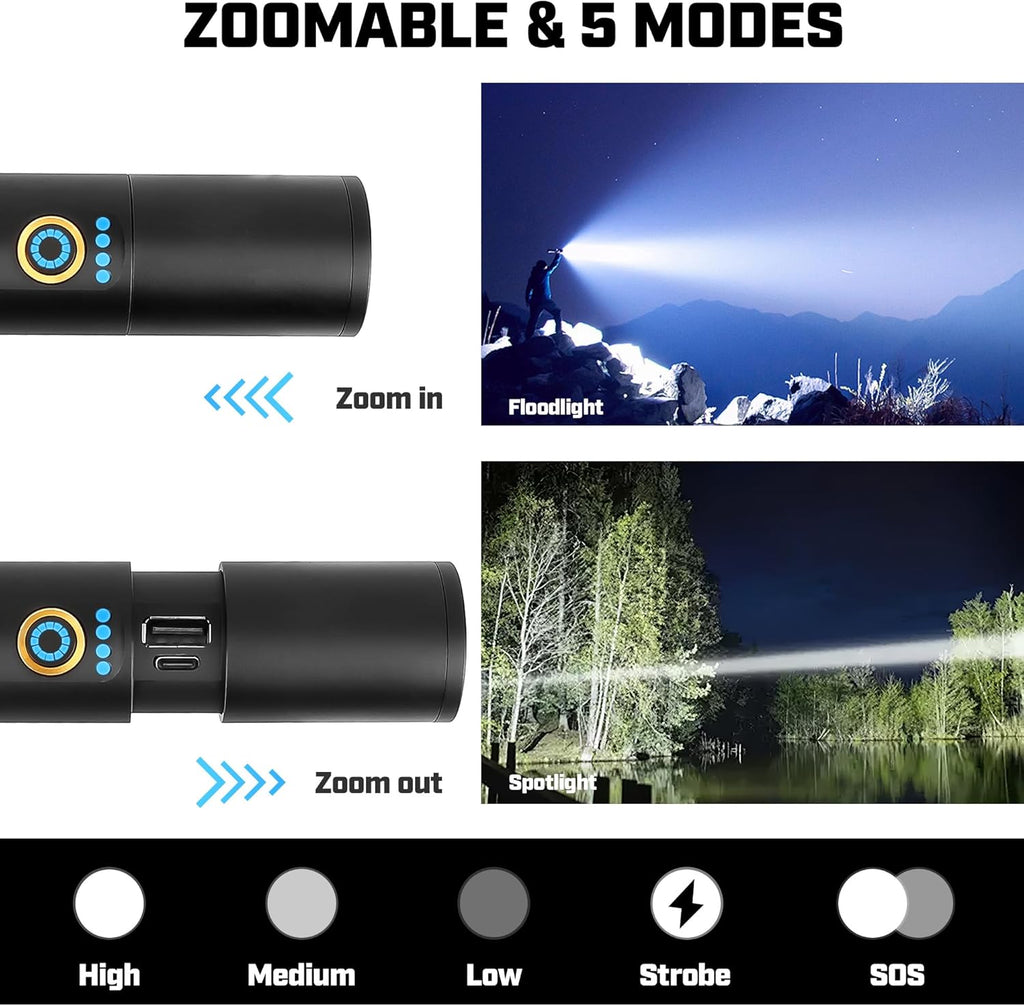 Skiennix Rechargeable Flashlight - 2000 Lumen Super Bright LED with 5 Modes | USB-C Battery Powered for Outdoor Use