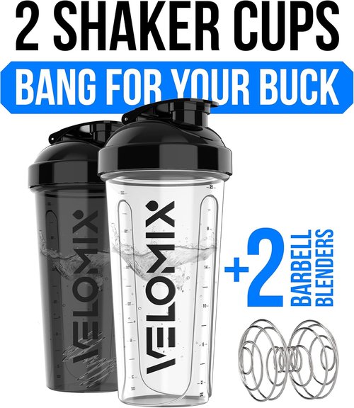 **VELOMIX Protein Shaker Bottles - 28 oz Leak Proof with 2x Wire Whisk | 2 Pack (Black/Transparent)**