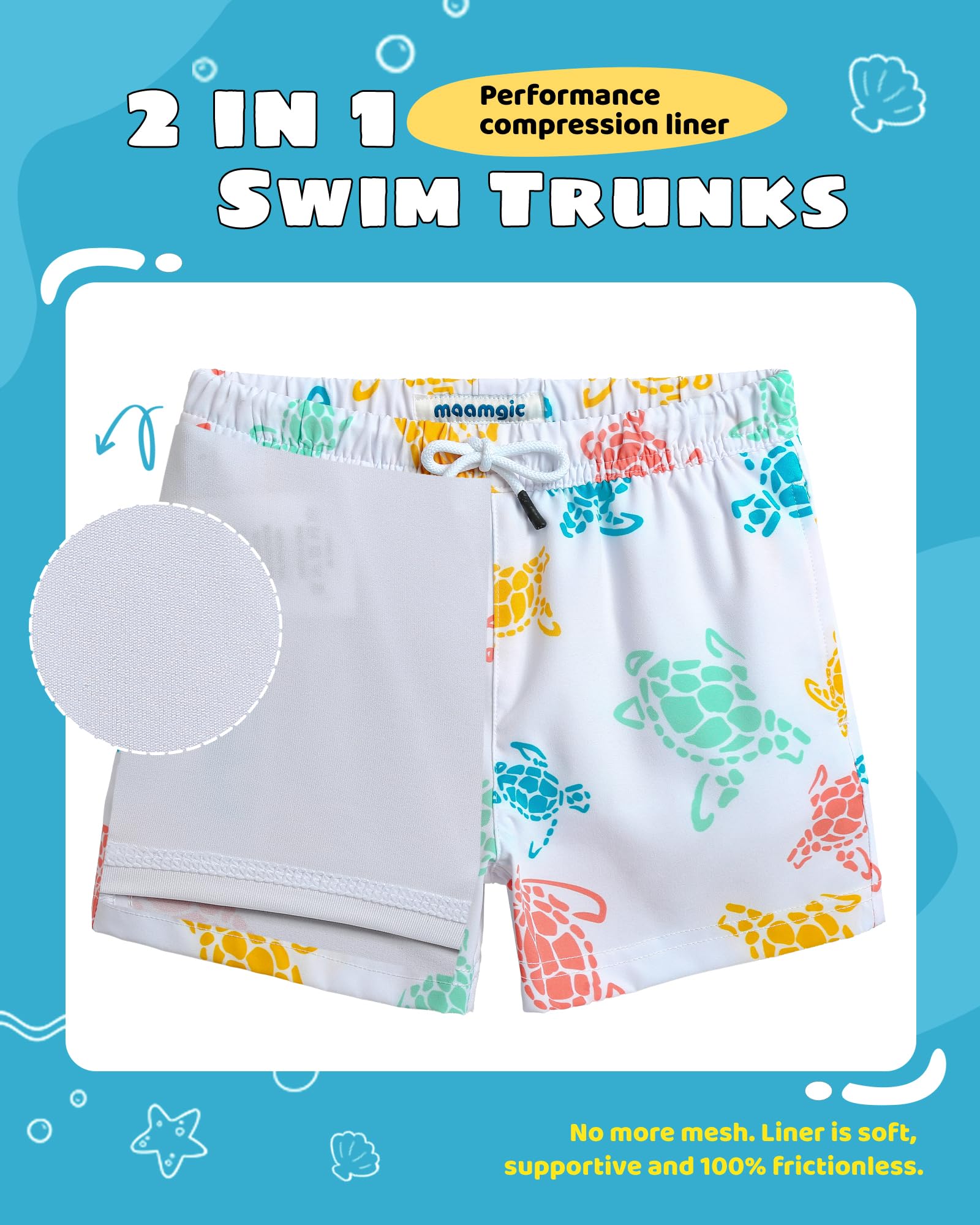 maamgic Boys Swim Trunks with Compression Liner Toddler Stretch Swim Shorts Quick Dry Swimming Trunks Boxer Brief 2 in 1 Beach Shorts White Colorful Turtles 14/16