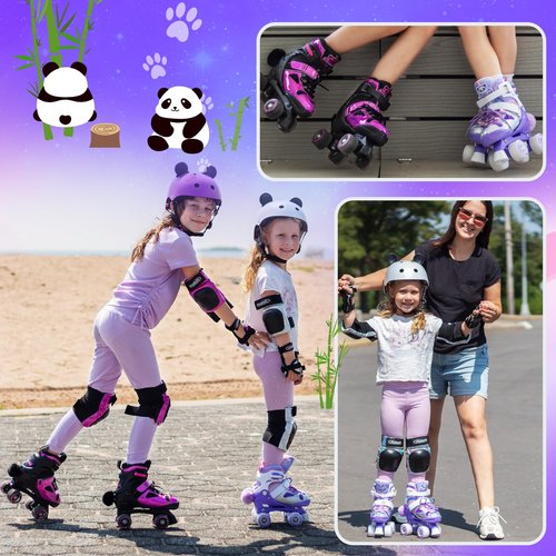 Nattork Kids Roller Skates for Girls Boys, 4 Size Adjustable Purple Panda Quad Skates with All Light up Wheels, Beginner Roller Skates - Birthday Gift for Outdoor Indoor
